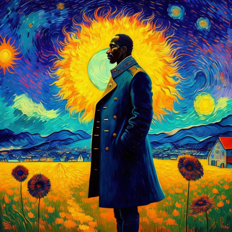 Stylized portrait of a man in blue coat on Van Gogh-inspired background