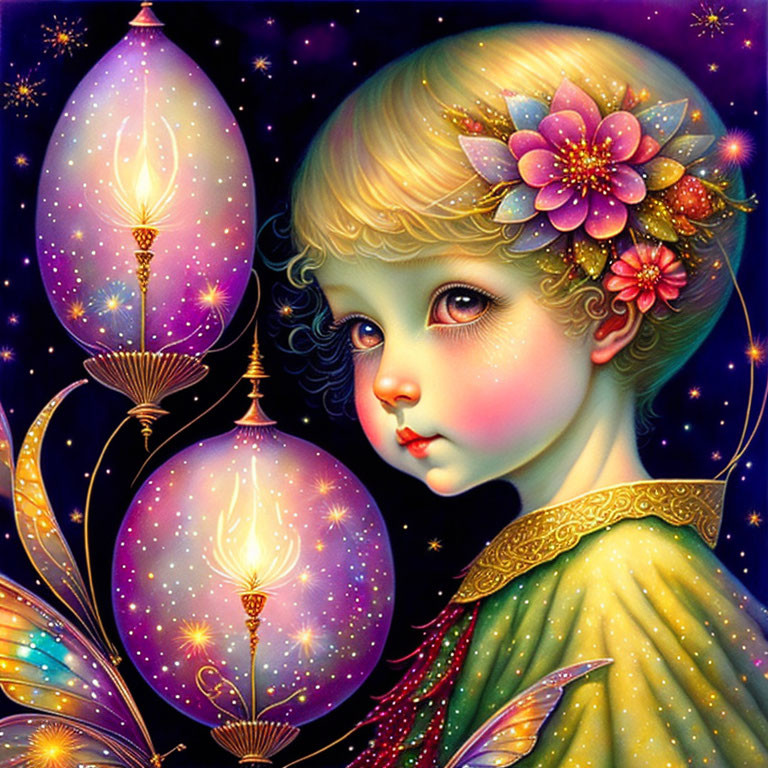 Whimsical illustration of child with lanterns in celestial setting