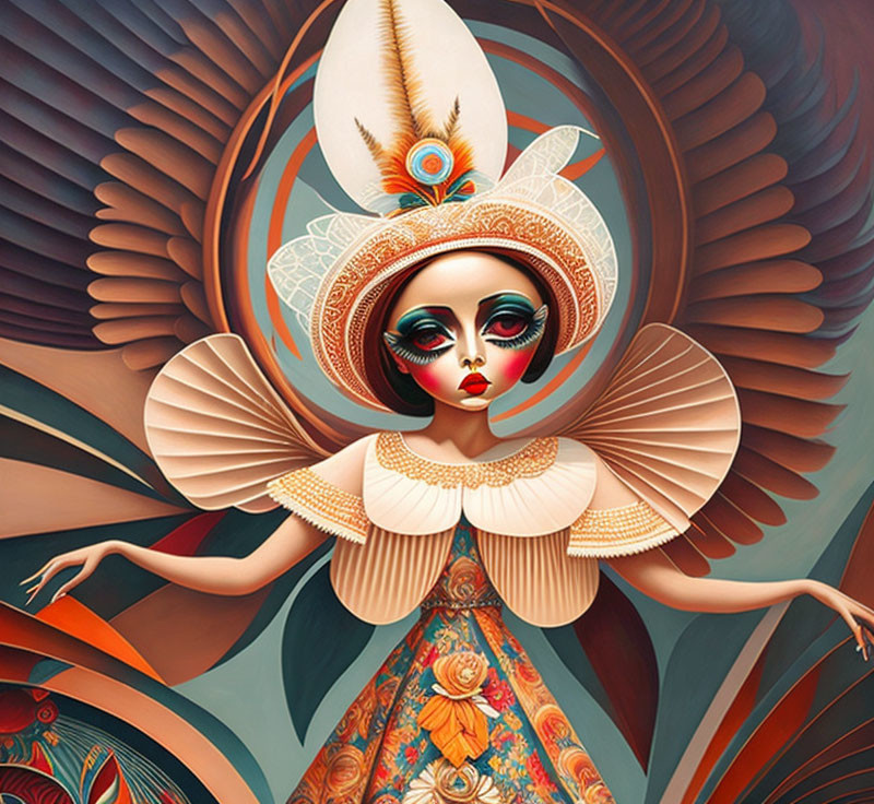 Colorful character illustration with elaborate headdress and ruffled collar against geometric backdrop