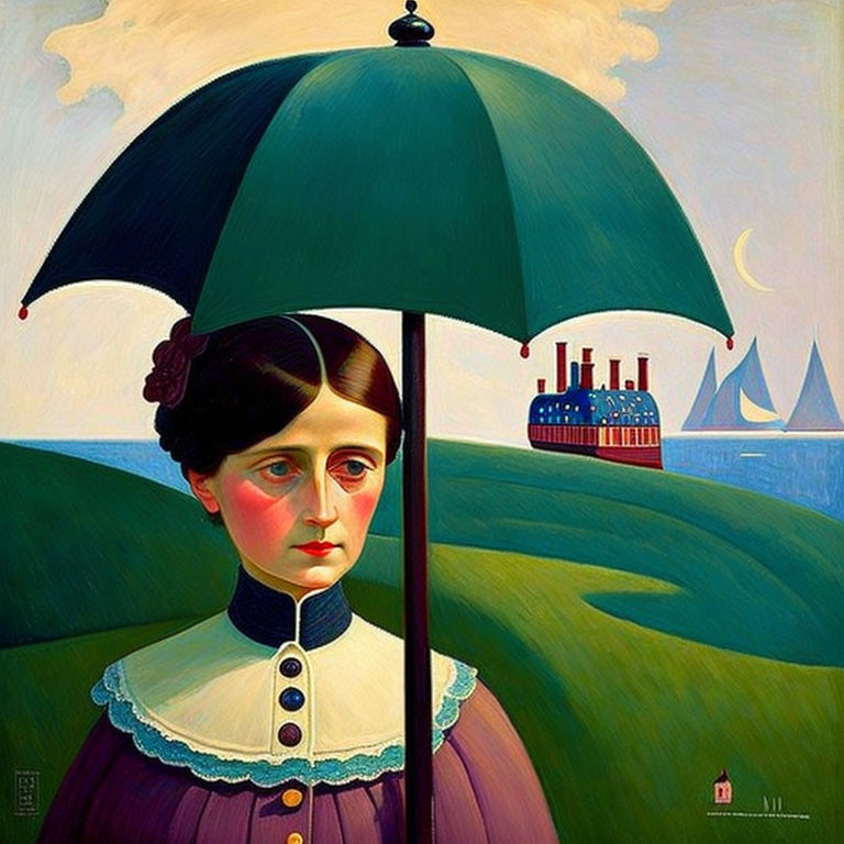 Solemn woman with open umbrella in surreal landscape