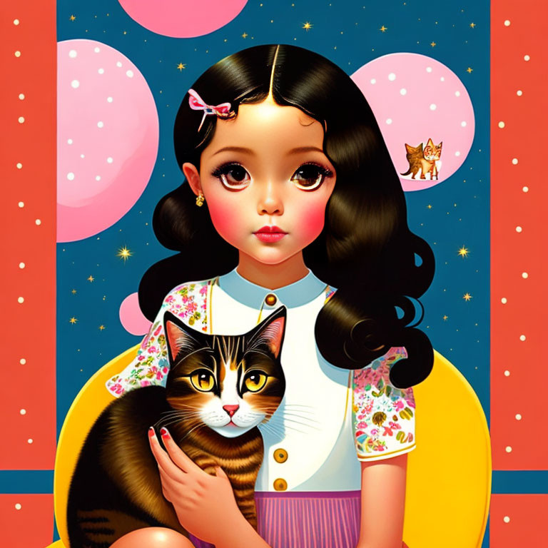 Illustration of girl with cat against vibrant background