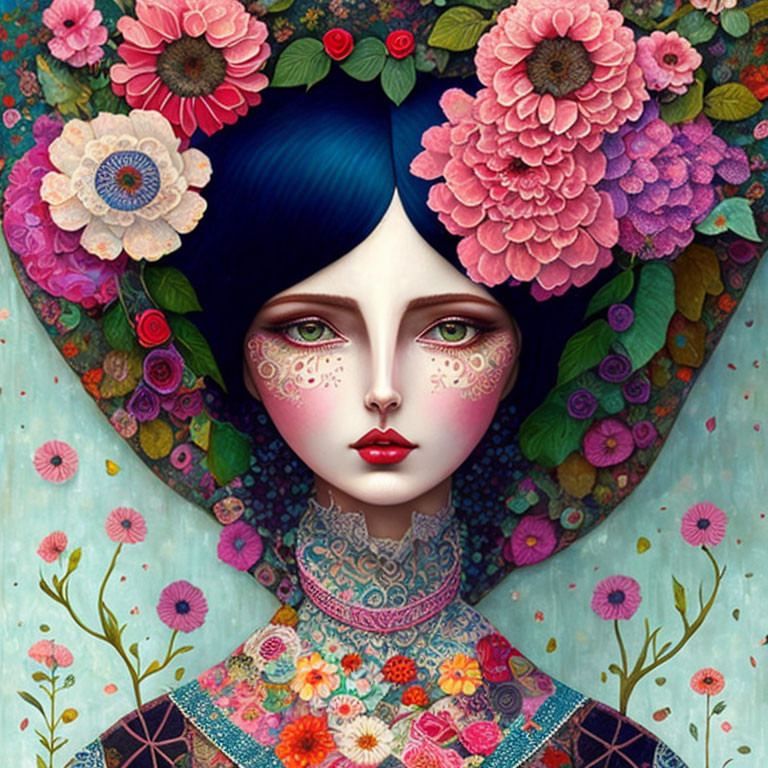 Woman with Blue Hair Surrounded by Vibrant Flowers and Floral Patterns