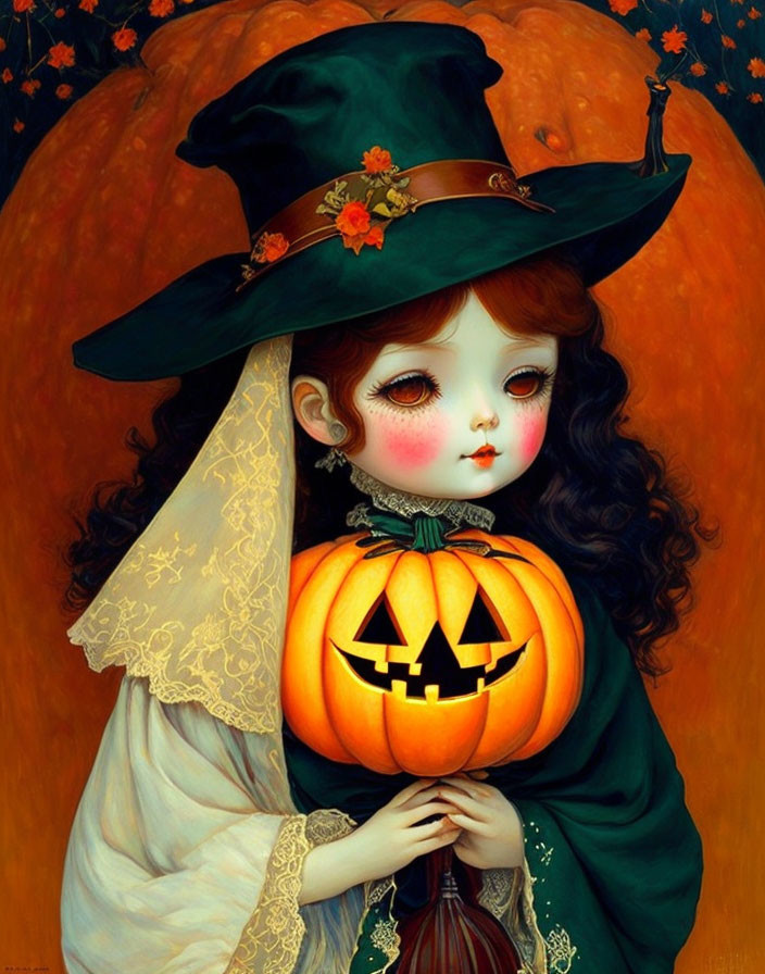 Illustrated girl in witch hat with jack-o'-lantern on autumnal pumpkin backdrop