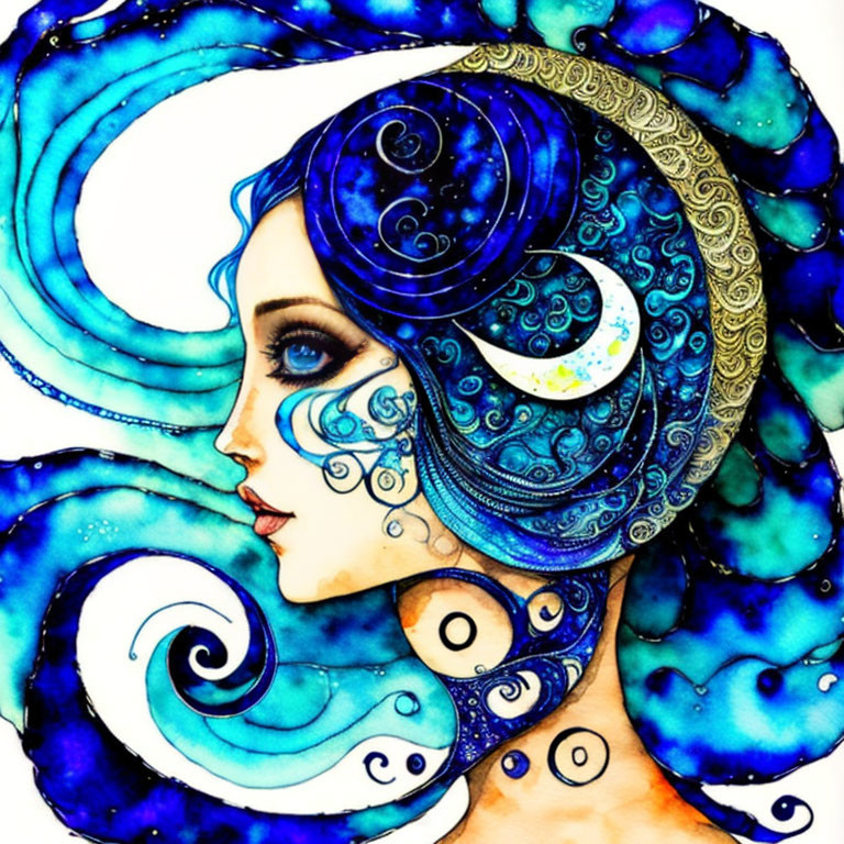 Colorful woman with moon and stars in blue hair, intricate patterns, watercolor style