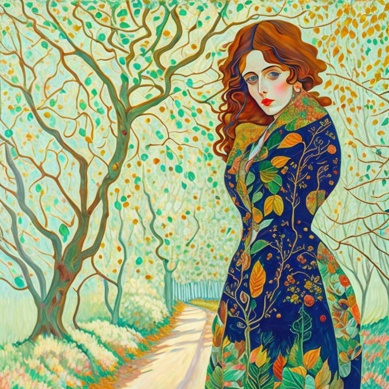 Stylized painting of woman with red hair in blue dress among whimsical trees