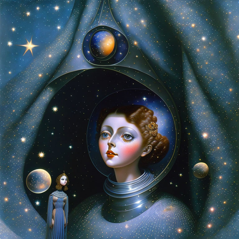 Cosmic-themed surreal woman artwork with stars and planets