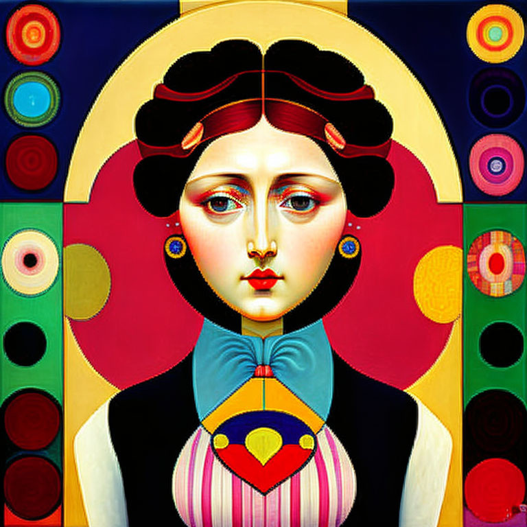 Stylized woman portrait with large, expressive eyes and colorful geometric background