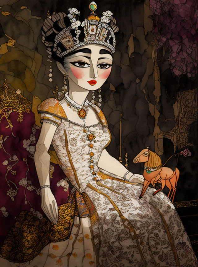 Royal female figure in ornate attire with horse statuette against dark floral backdrop