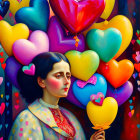 Somber woman with heart-shaped balloons and onlookers in background