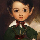 Wide-eyed elf character holding a gift in Christmas outfit with holly decorations