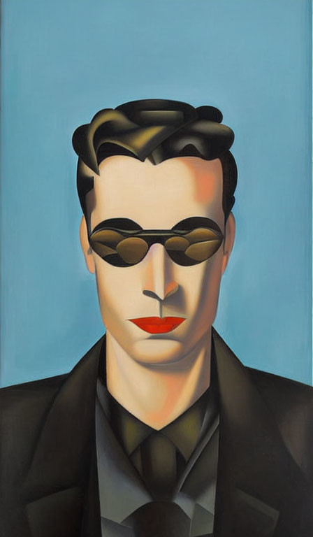 Man in suit with sunglasses and red lipstick mark on cheek on blue background