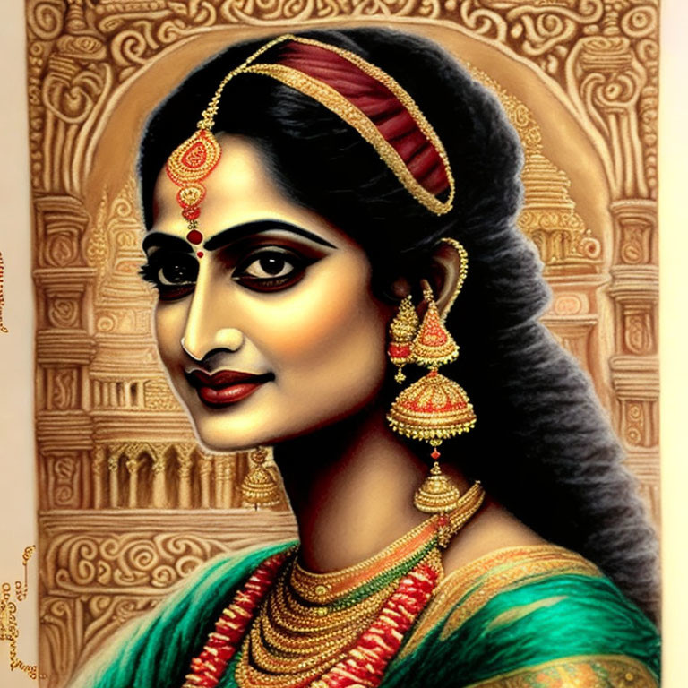 Traditional Indian jewelry and attire illustration with maang tikka, jhumka earrings, layered necklaces