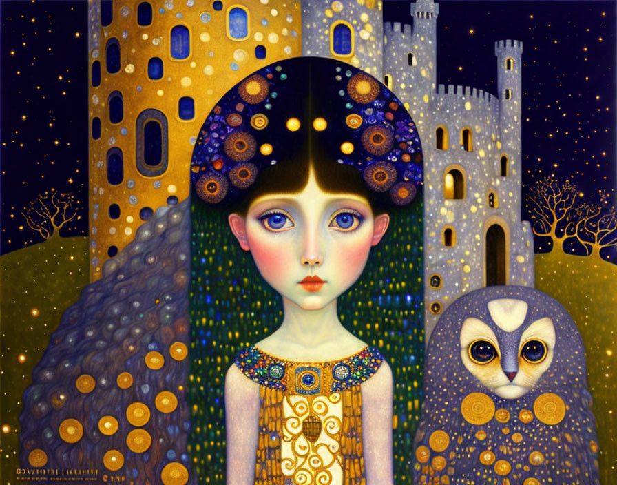 Whimsical painting of girl with large eyes and owl in starry sky landscape