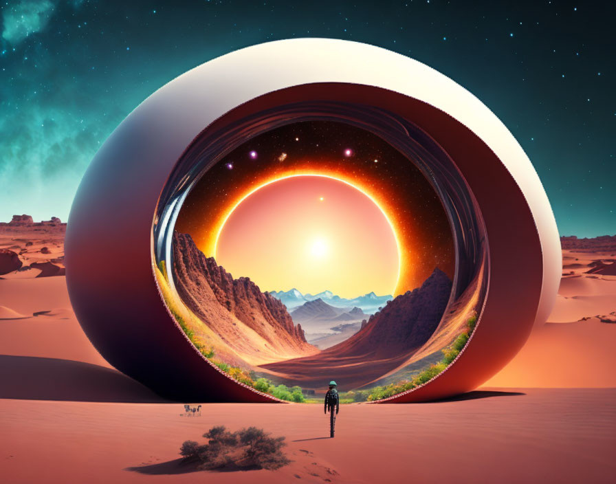 Person walking towards giant glossy sphere in surreal desert landscape