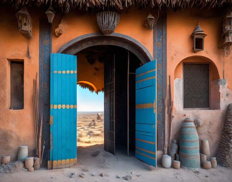 Traditional mud-brick house with vibrant blue doors in desert landscape