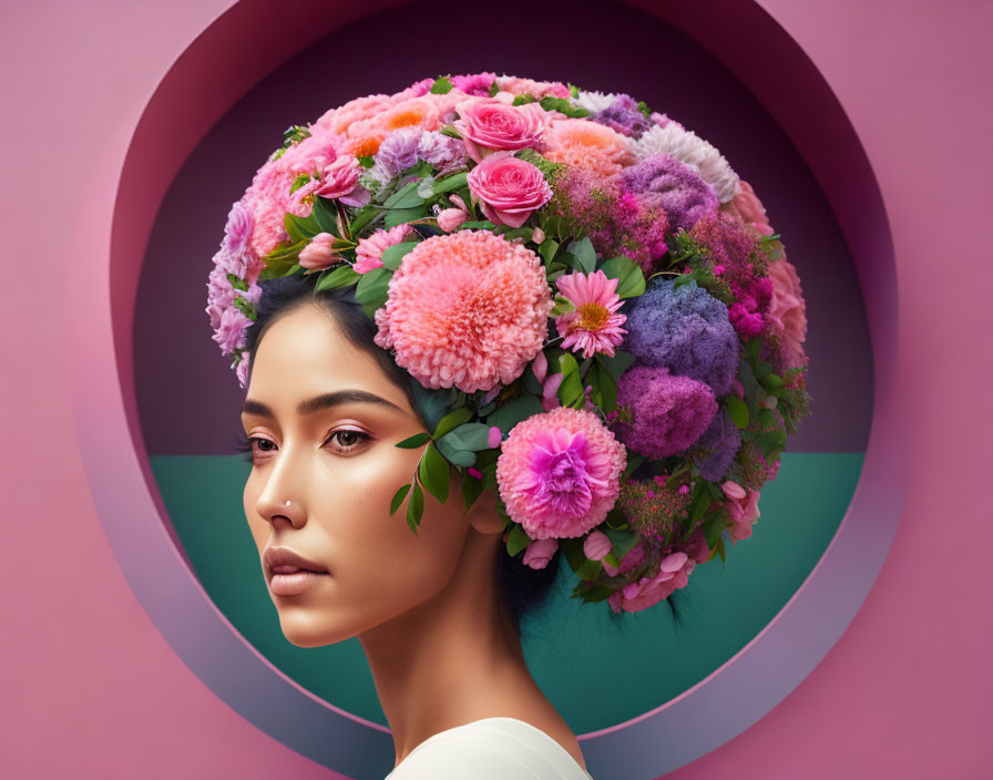 Colorful floral headpiece on woman against pink and teal backdrop