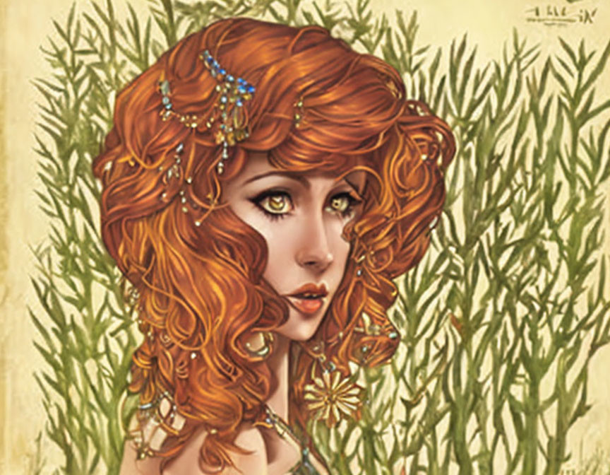 Illustration of woman with curly red hair and green eyes against foliage.