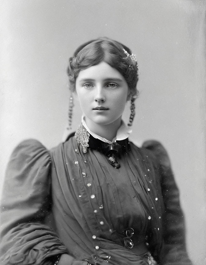 Vintage black and white portrait of young woman with braided hair in dark dress with pearls and brooch