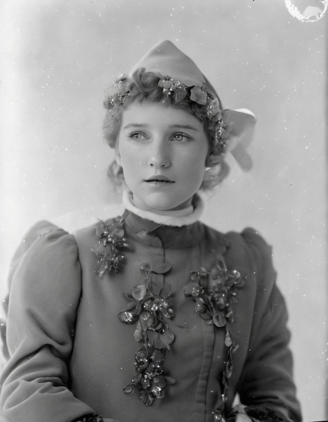 Young woman in vintage black and white photo with floral dress and hat.