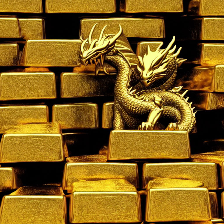 Metallic Dragon Figurine atop Stacked Gold Bars