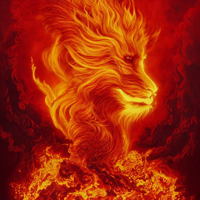 Majestic lion made of flames and smoke in fiery sea