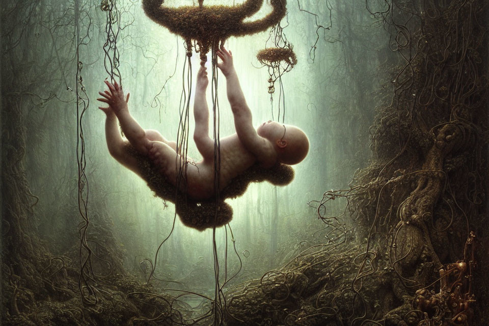 Surreal painting of baby in moss-covered forest with floating structures