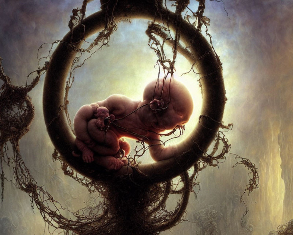 Surreal artwork of fetus in circular vine structure on misty backdrop