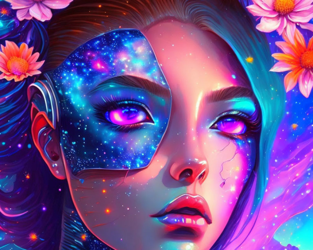 Colorful woman with cosmic face and floral swirls in vibrant illustration