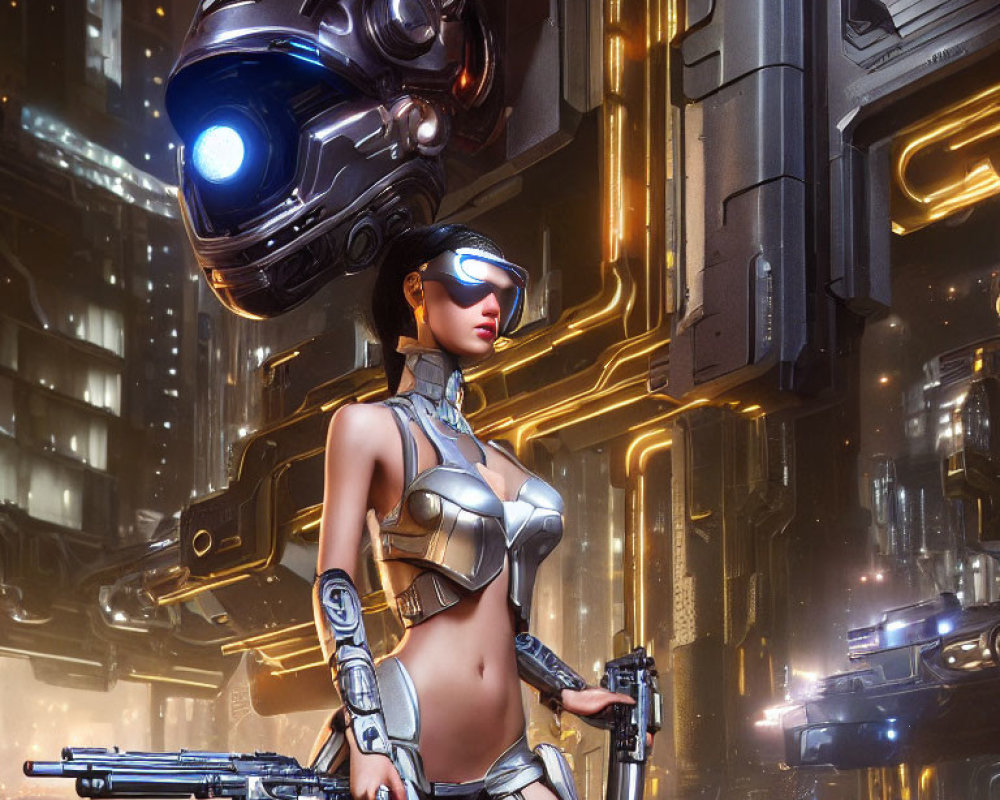 Female Cyborg in Helmet and Visor with Blaster Gun in Neon Cityscape