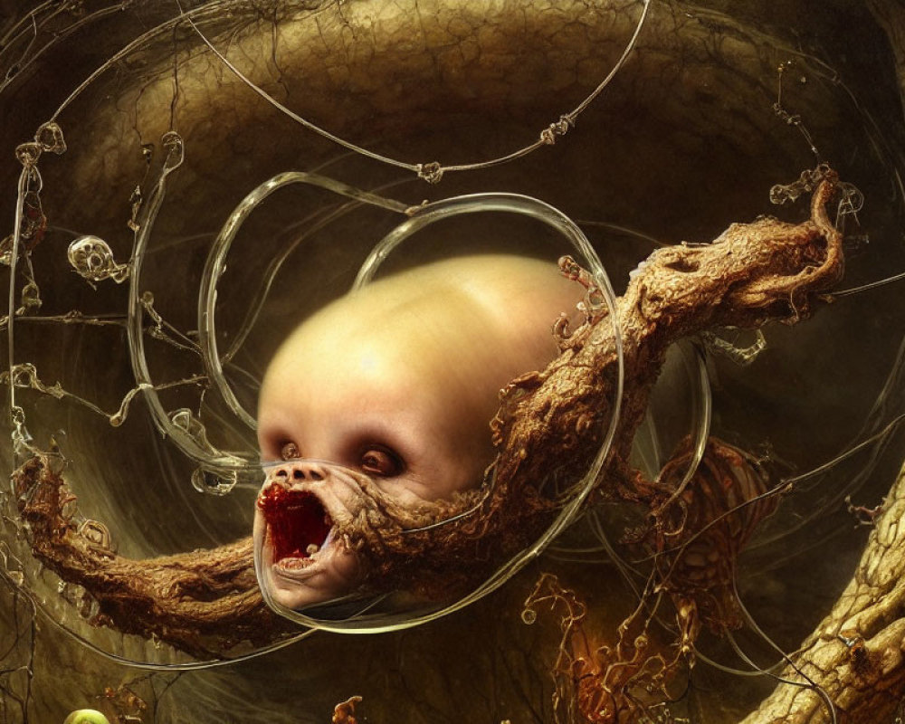 Surreal artwork: Baby head in bubble with tendril, earth-toned backdrop