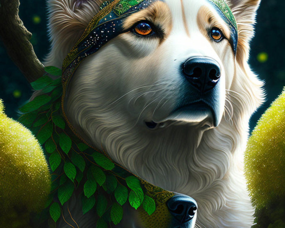 Illustrated white and tan dog with mystical headpiece in sunlit forest.