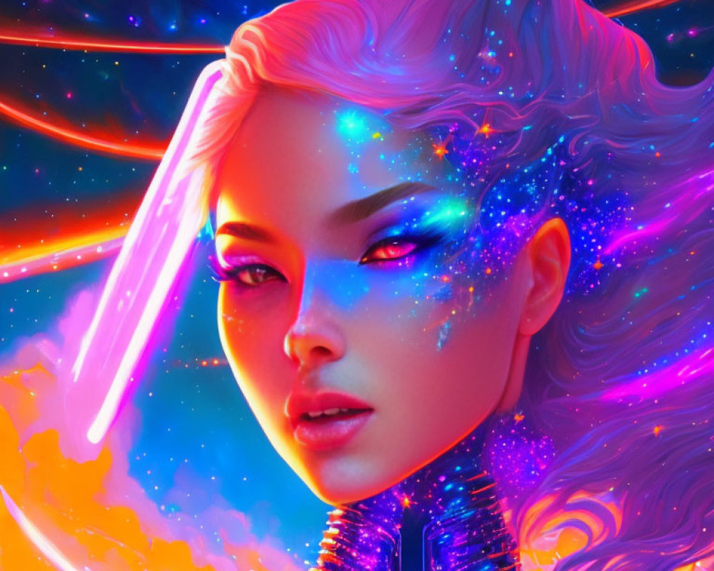 Colorful digital artwork of woman with neon skin, cosmic makeup, and white hair in space.