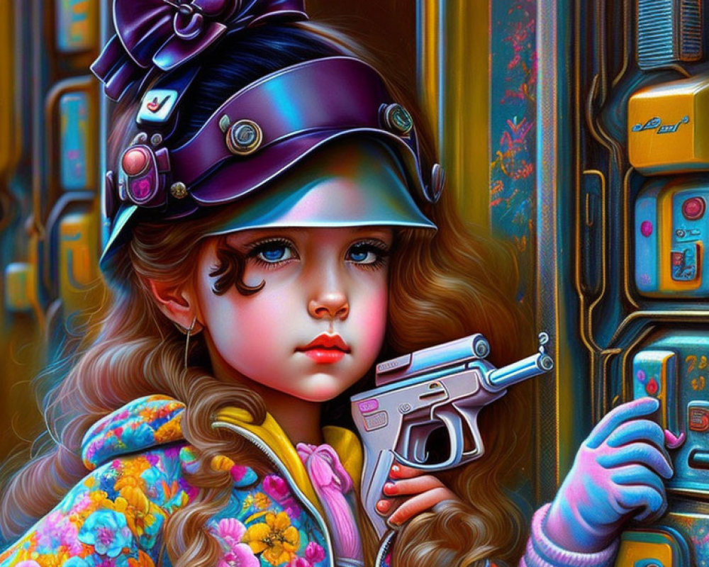 Stylized illustration of girl with hat and goggles and futuristic gun by retro vending machines