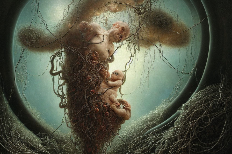 Surreal humanoid figures among twisted roots in circular frame