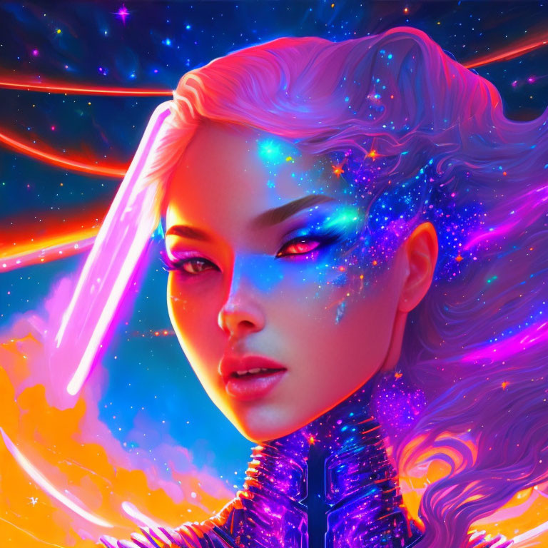 Colorful digital artwork of woman with neon skin, cosmic makeup, and white hair in space.