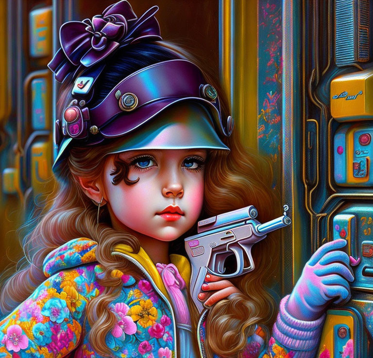 Stylized illustration of girl with hat and goggles and futuristic gun by retro vending machines