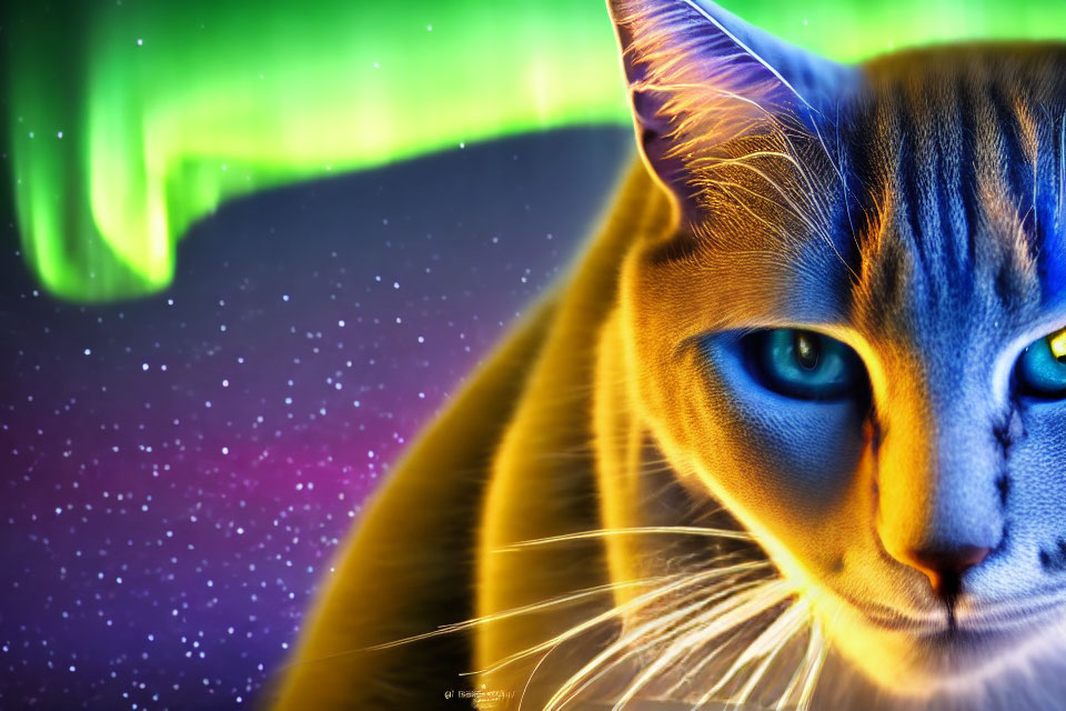 Close-up of a cat with blue eyes on cosmic background with green aurora and stars