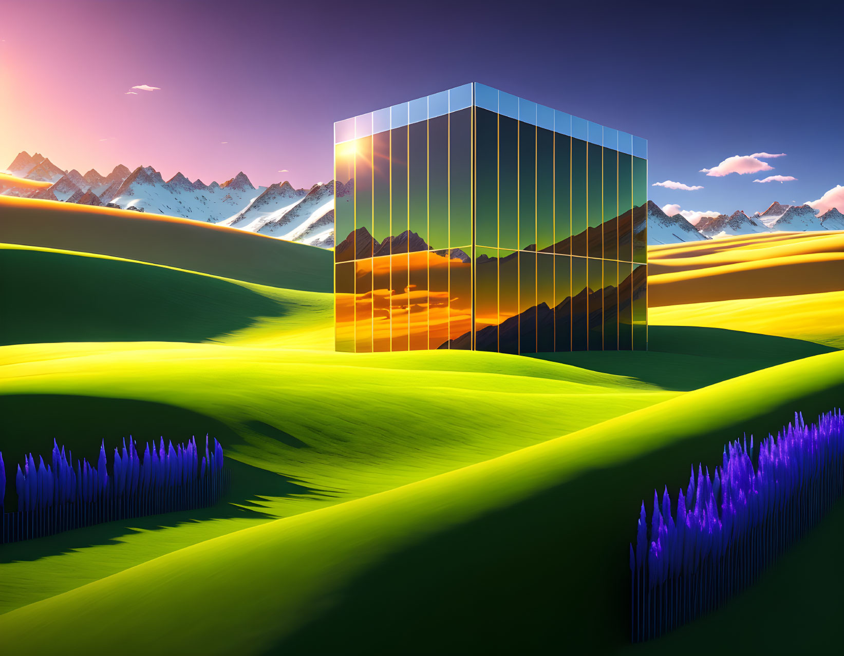 Reflective cube on vibrant landscape with purple flowers and snowy mountains at sunset