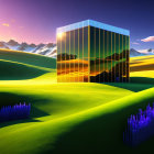 Reflective cube on vibrant landscape with purple flowers and snowy mountains at sunset