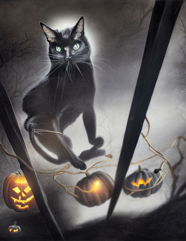 Black cat with yellow eyes on fence with jack-o'-lanterns in misty setting