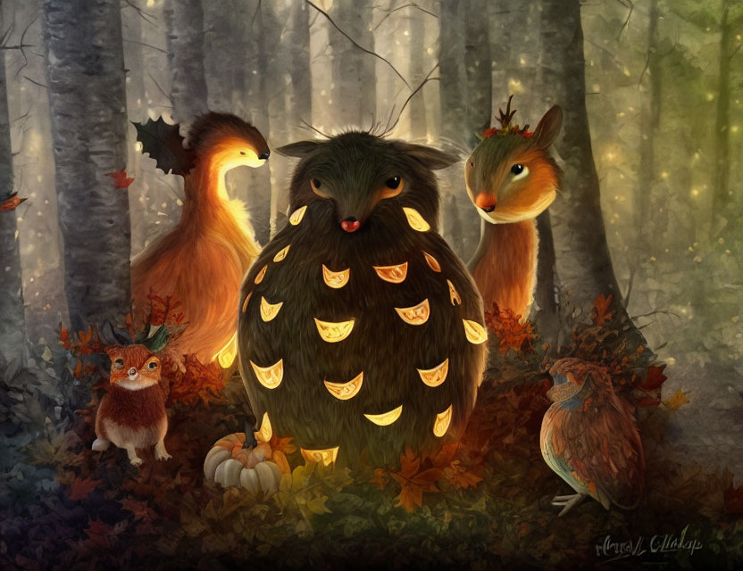 Autumn forest scene with fantasy creatures and pumpkin-like creature