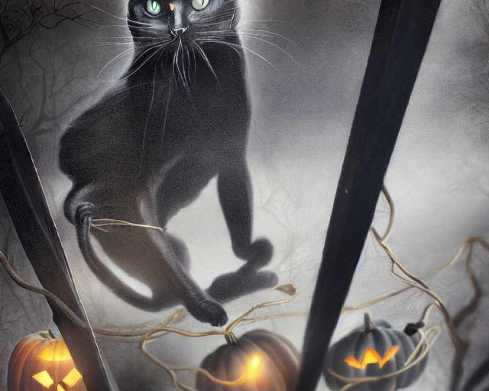 Black cat with yellow eyes on fence with jack-o'-lanterns in misty setting