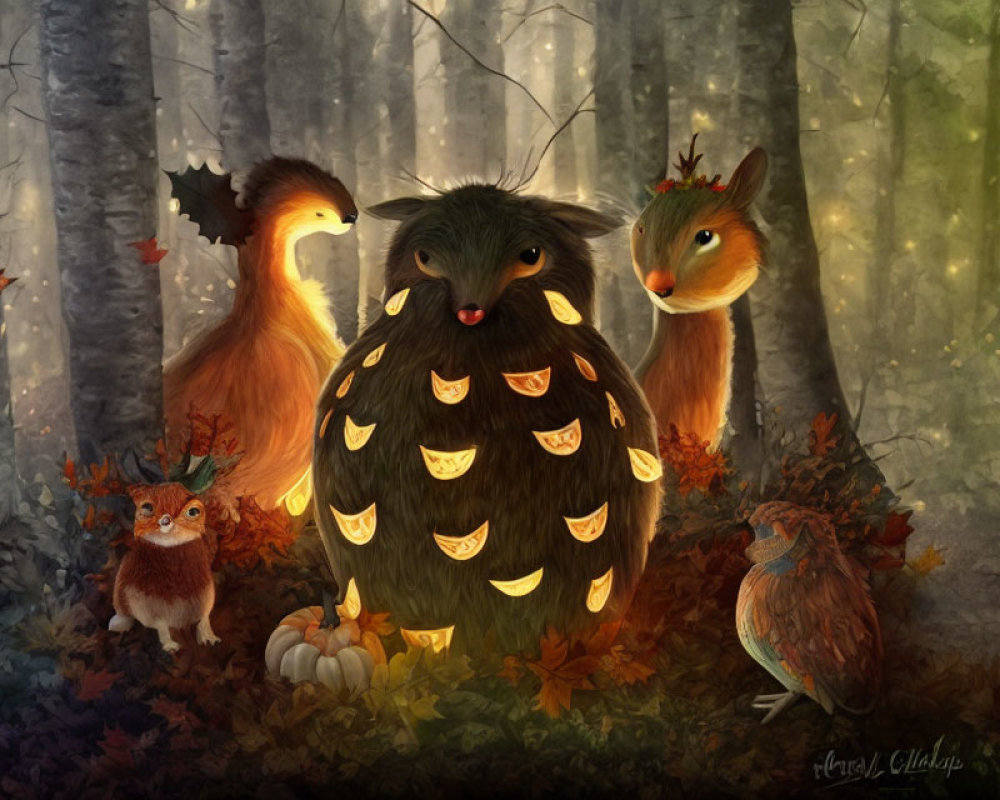 Autumn forest scene with fantasy creatures and pumpkin-like creature