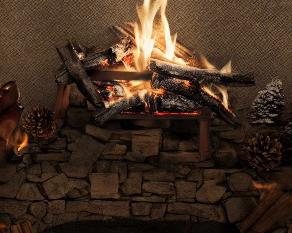 Cozy fireplace with burning logs, pine cones, reindeer figurine, and warm flickering flames