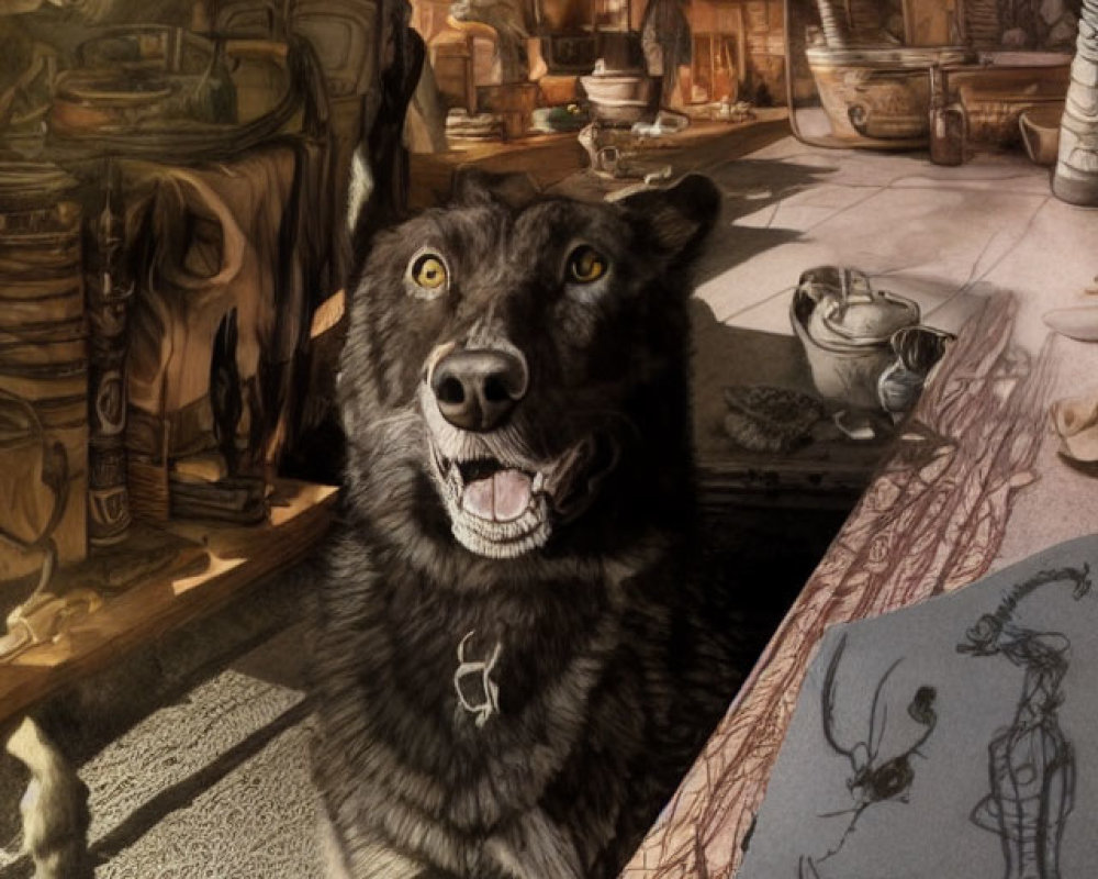 Black dog with bright eyes in warmly lit room with wooden shelves and drawings.