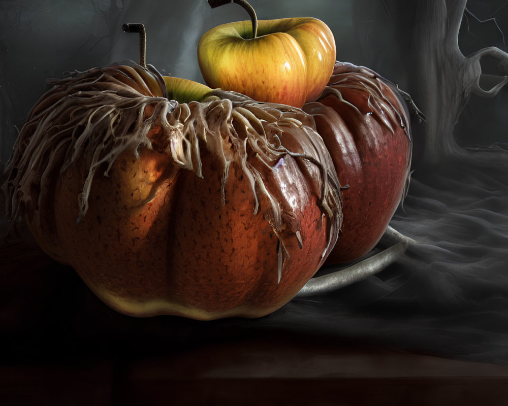 Rotting pumpkins, fresh apple, bats, and misty background scene