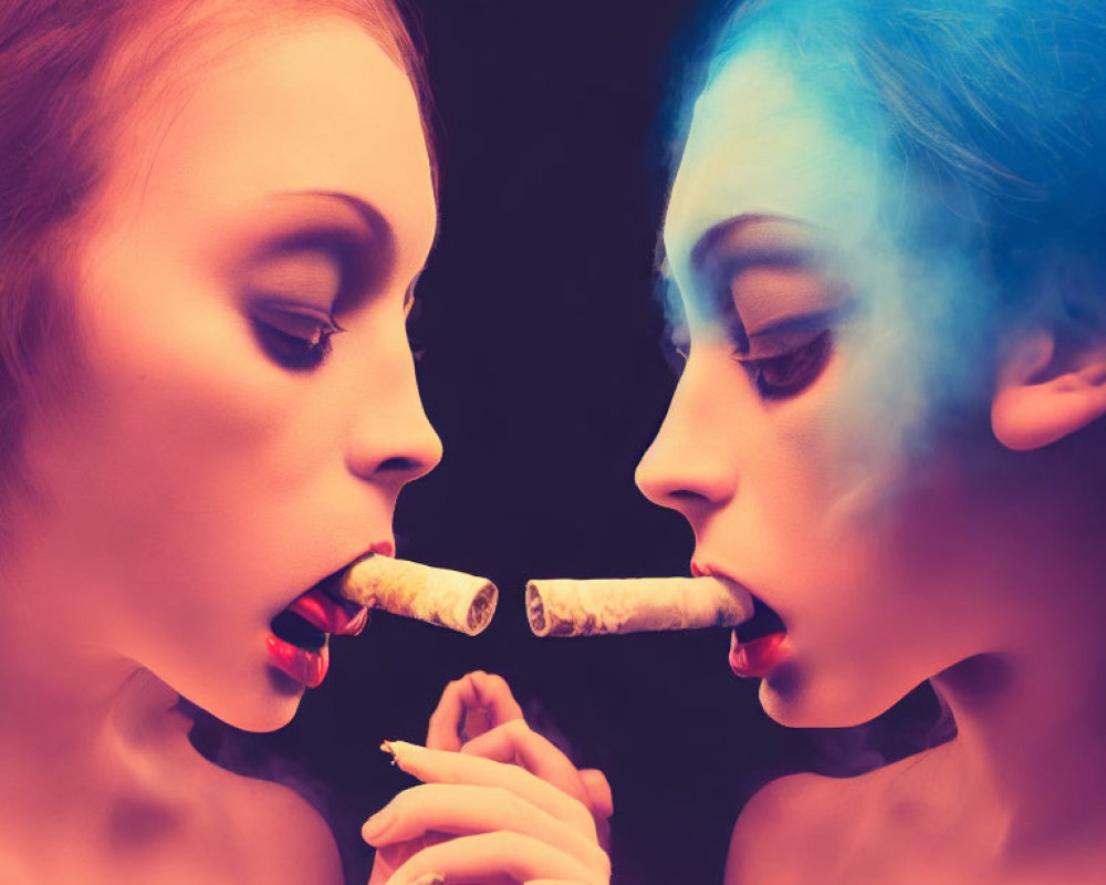 Two women sharing a cigar with blue smoke on black background.