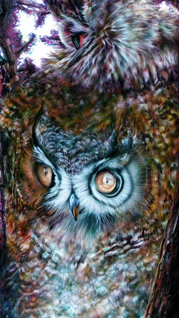 Detailed close-up of owl with big eyes and intricate feathers.