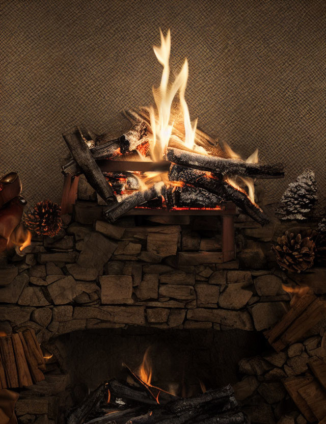 Cozy fireplace with burning logs, pine cones, reindeer figurine, and warm flickering flames