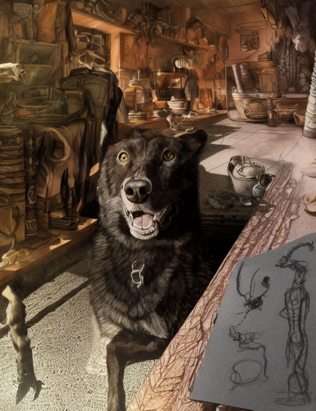 Black dog with bright eyes in warmly lit room with wooden shelves and drawings.